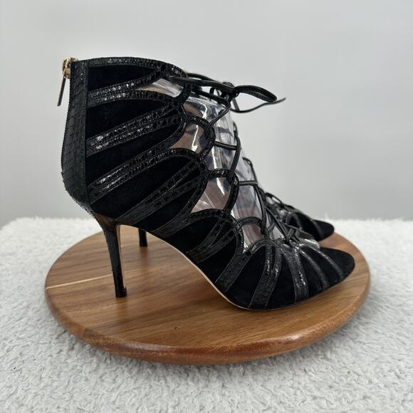 Jimmy Choo Heel Womens 8.5 Black Leather Lace up Peep Toe Snake Skin Gladiator - Picture 1 of 10